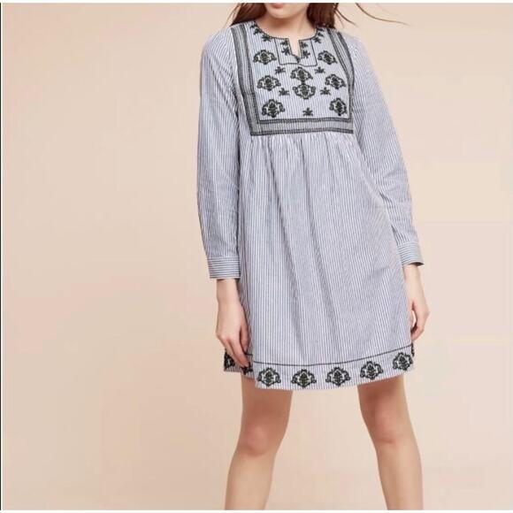 Lili's Closet Anthropologie Blue White Stripe Embroidered Cotton Dress - Small - Picture 2 of 11